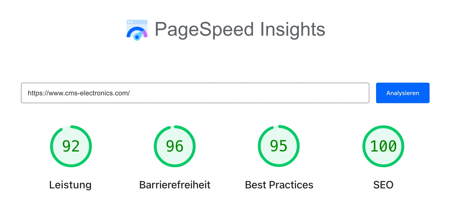 PageSpeed und Barrierefreiheit Ergebnis von cms electronics 2026