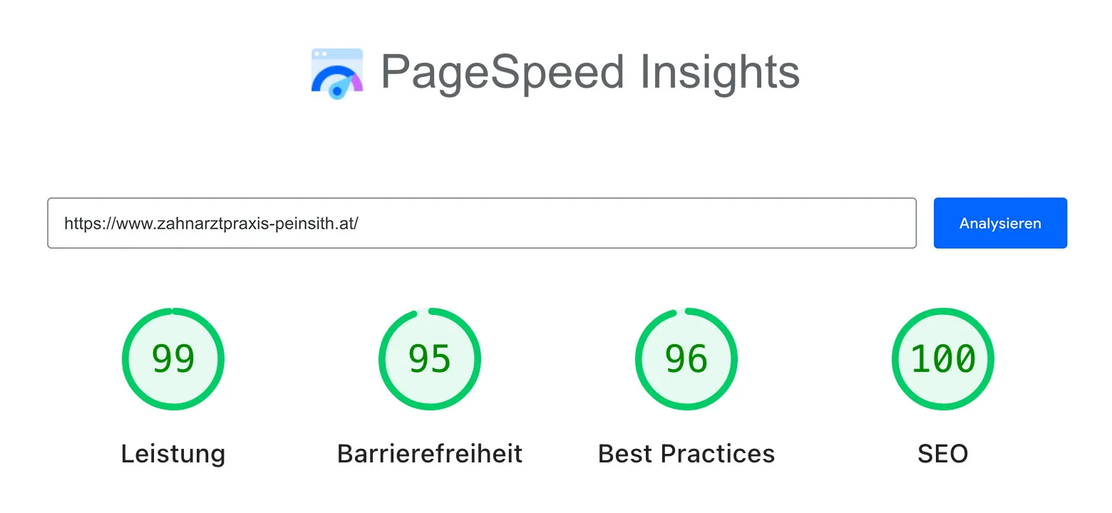 PageSpeed Ergebnis von Dr. Peinsith Zahnarztpraxis