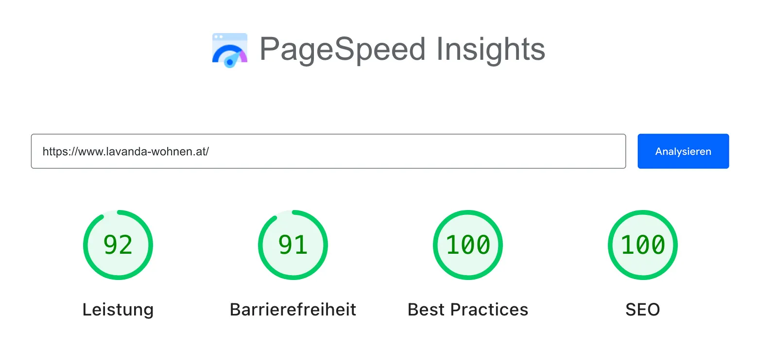 PageSpeed Ergebnis von Lavanda