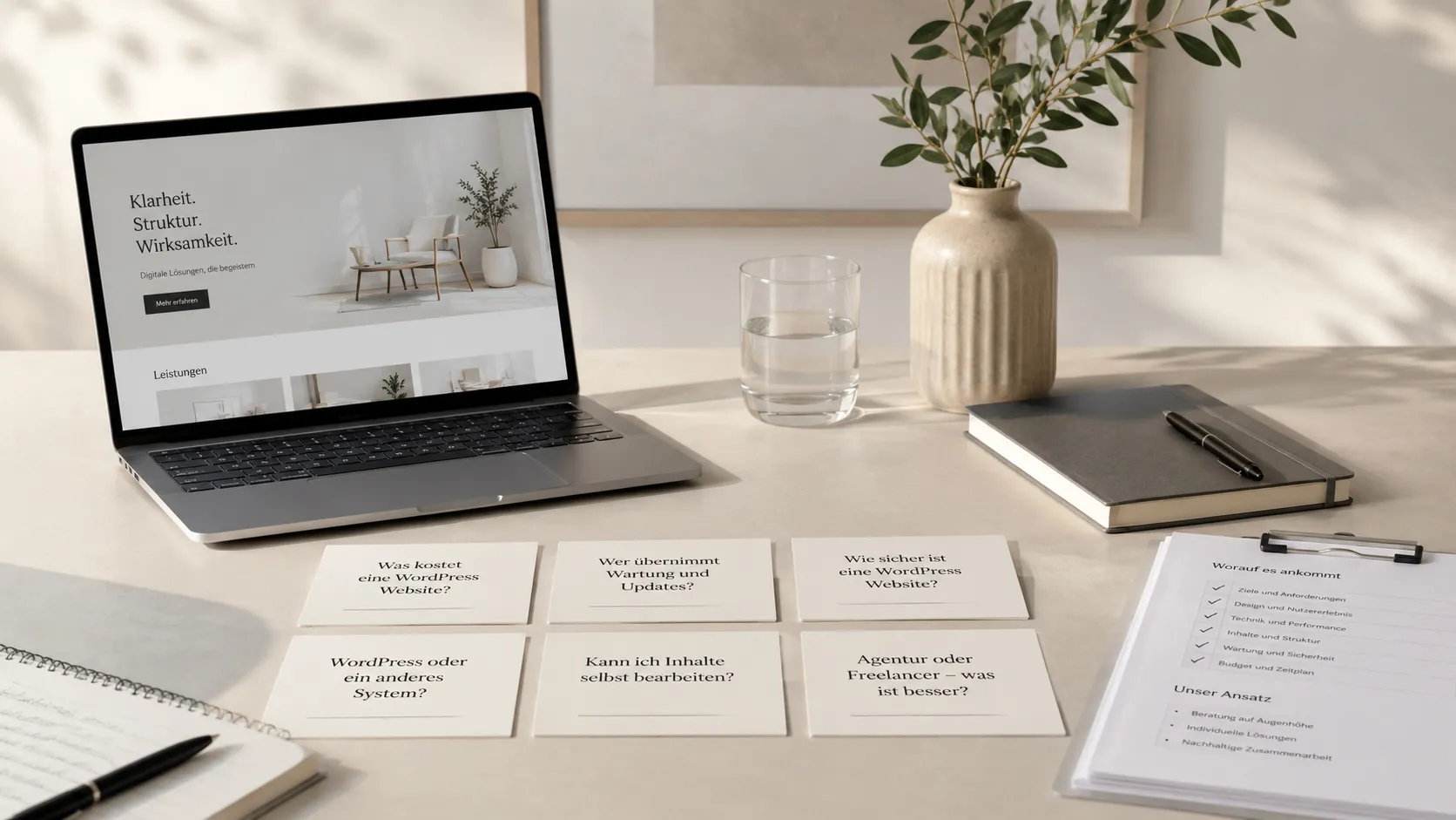 Arbeitsplatz mit FAQ-Karten zu WordPress-Websites, Wartung, Sicherheit und Agenturauswahl