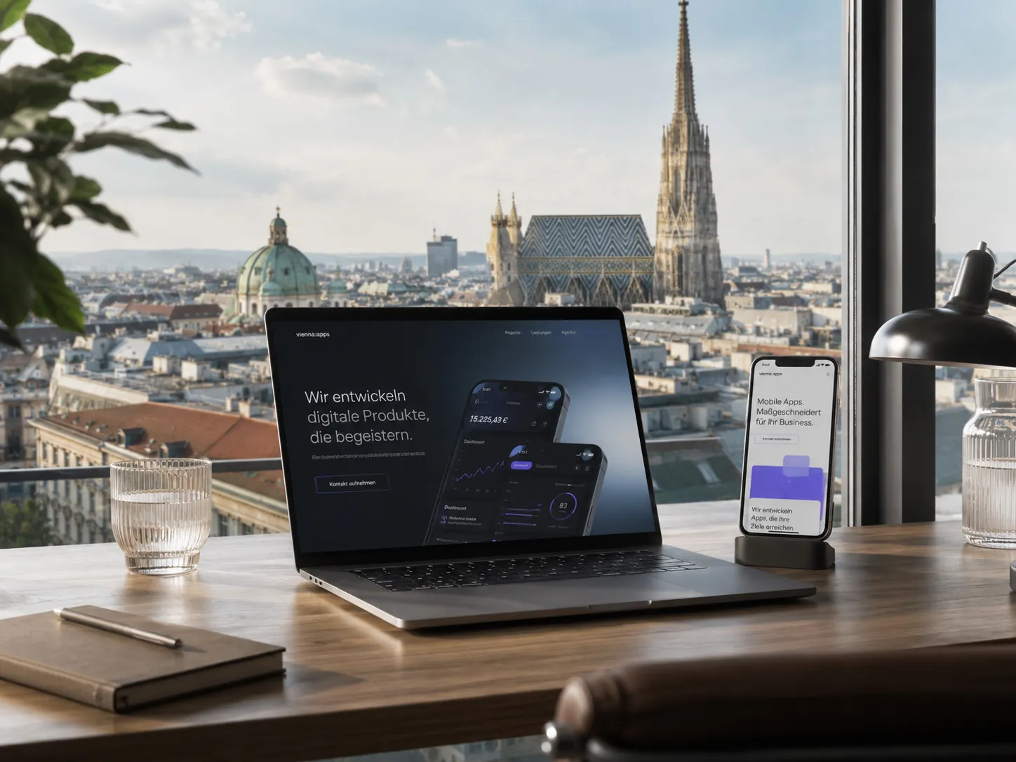 Moderner Arbeitsplatz mit App-Prototypen und Blick auf den Wiener Stephansdom als Symbol für App-Entwicklung in Wien