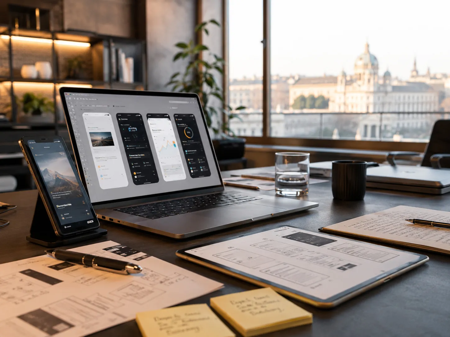 App-Design-Arbeitsplatz mit Smartphone, Laptop und Wien-Blick als Symbol für ganzheitliche App-Entwicklung