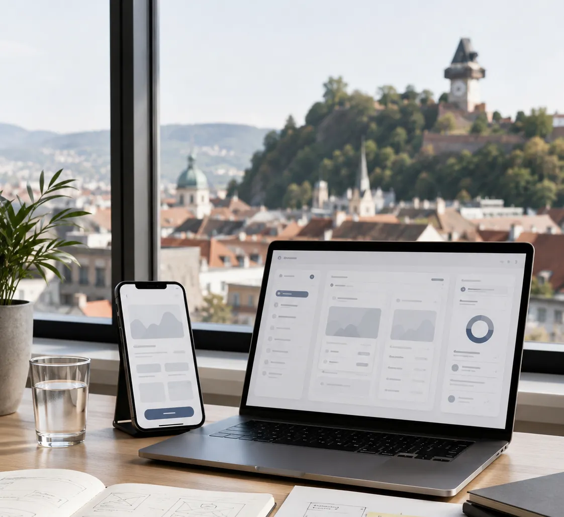 Arbeitsplatz mit App-Prototypen, UX-Skizzen und Blick auf Graz als Symbol für Förderprogramme für strategische App-Entwicklung