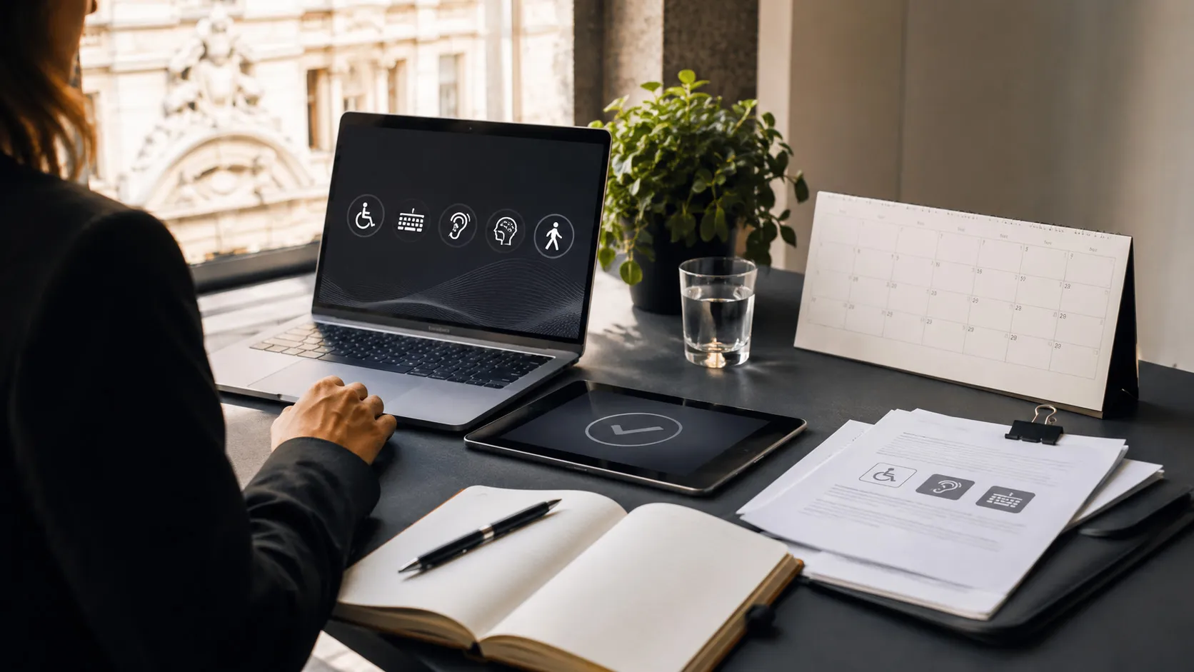 Arbeitsplatz mit Laptop und Symbolen für digitale Barrierefreiheit im Zusammenhang mit dem österreichischen Barrierefreiheitsgesetz.