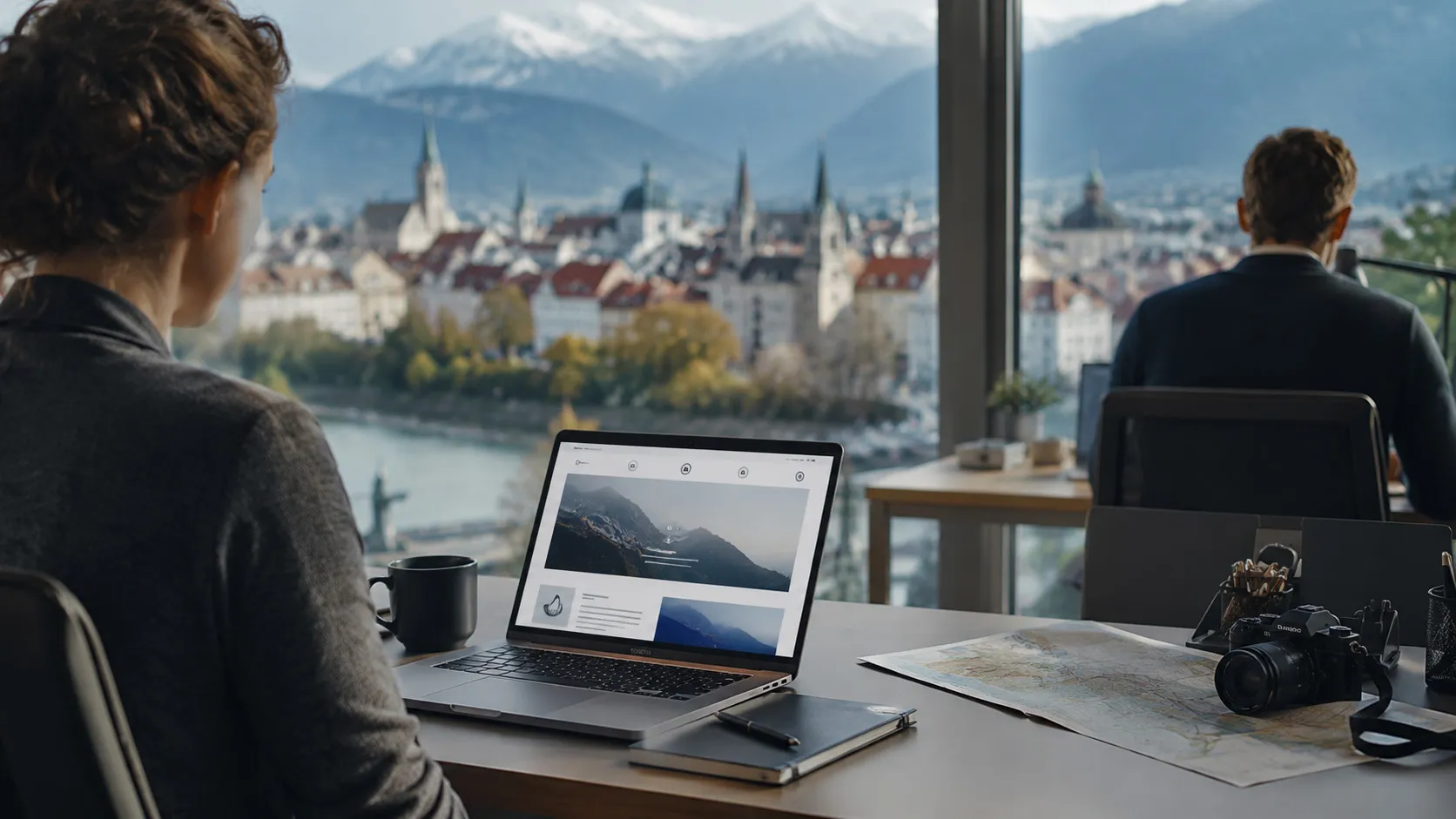 Beratung zu barrierefreien Websites mit Blick auf eine österreichische Stadt und digitale Projektunterlagen.