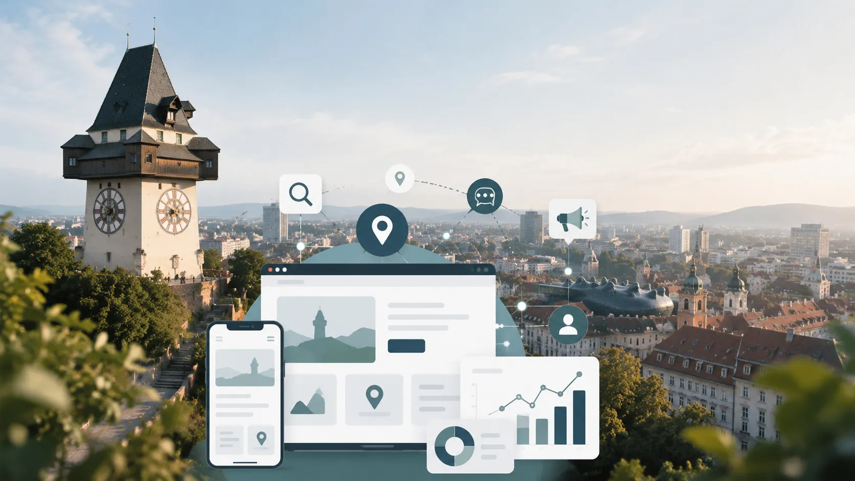 Blick vom Grazer Schlossberg mit Grafik für Warum Online Marketing in Graz eine eigene Betrachtung braucht.jpg