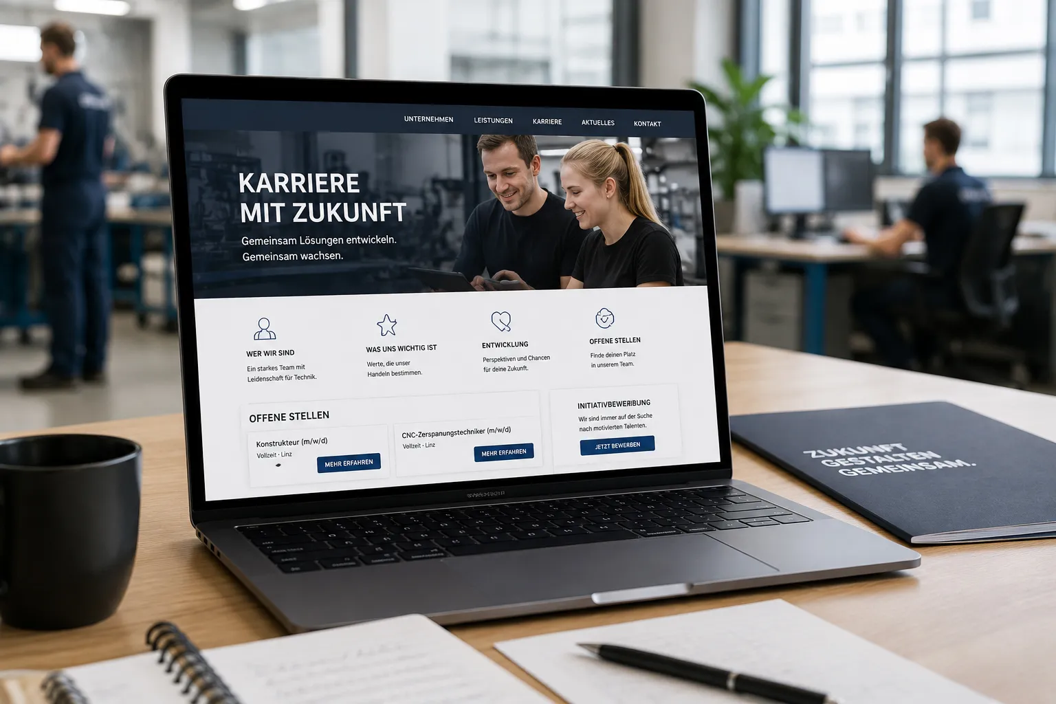 Karrierebereich einer Unternehmenswebsite auf einem Laptop als Beispiel für Recruiting und Arbeitgeberkommunikation