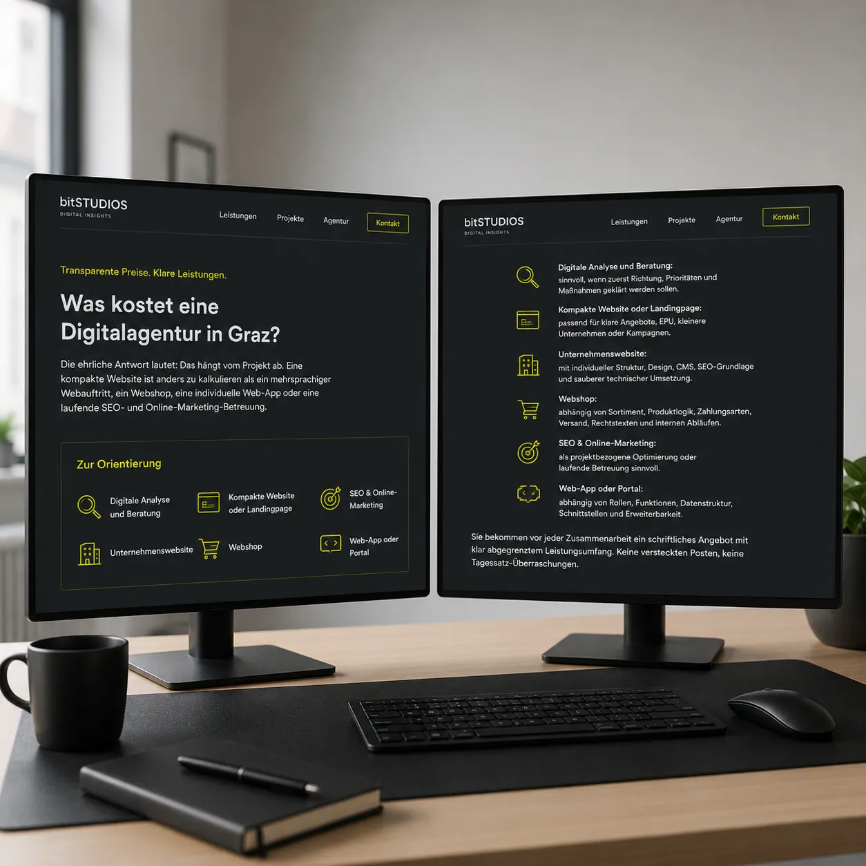 Kostenübersicht für eine Digitalagentur in Graz mit Website, Webshop, SEO, Online-Marketing und Web-App