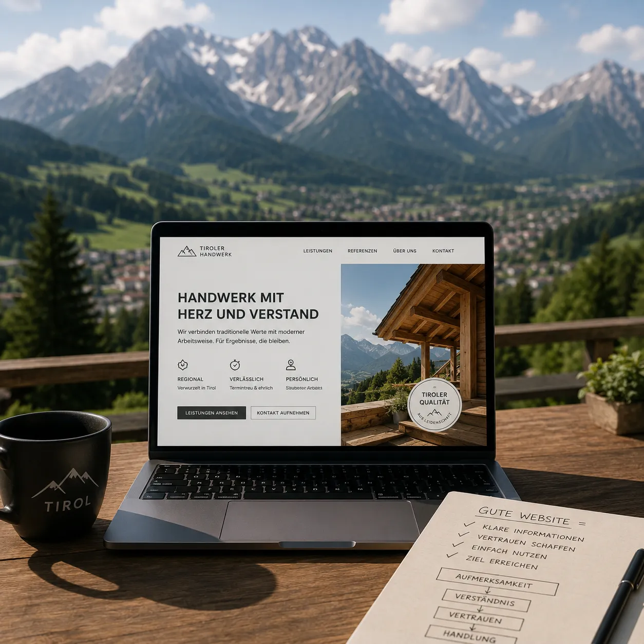 Laptop mit Tiroler Website-Konzept vor alpiner Bergkulisse als Symbol für Webdesign mit klarer Struktur und Nutzerführung
