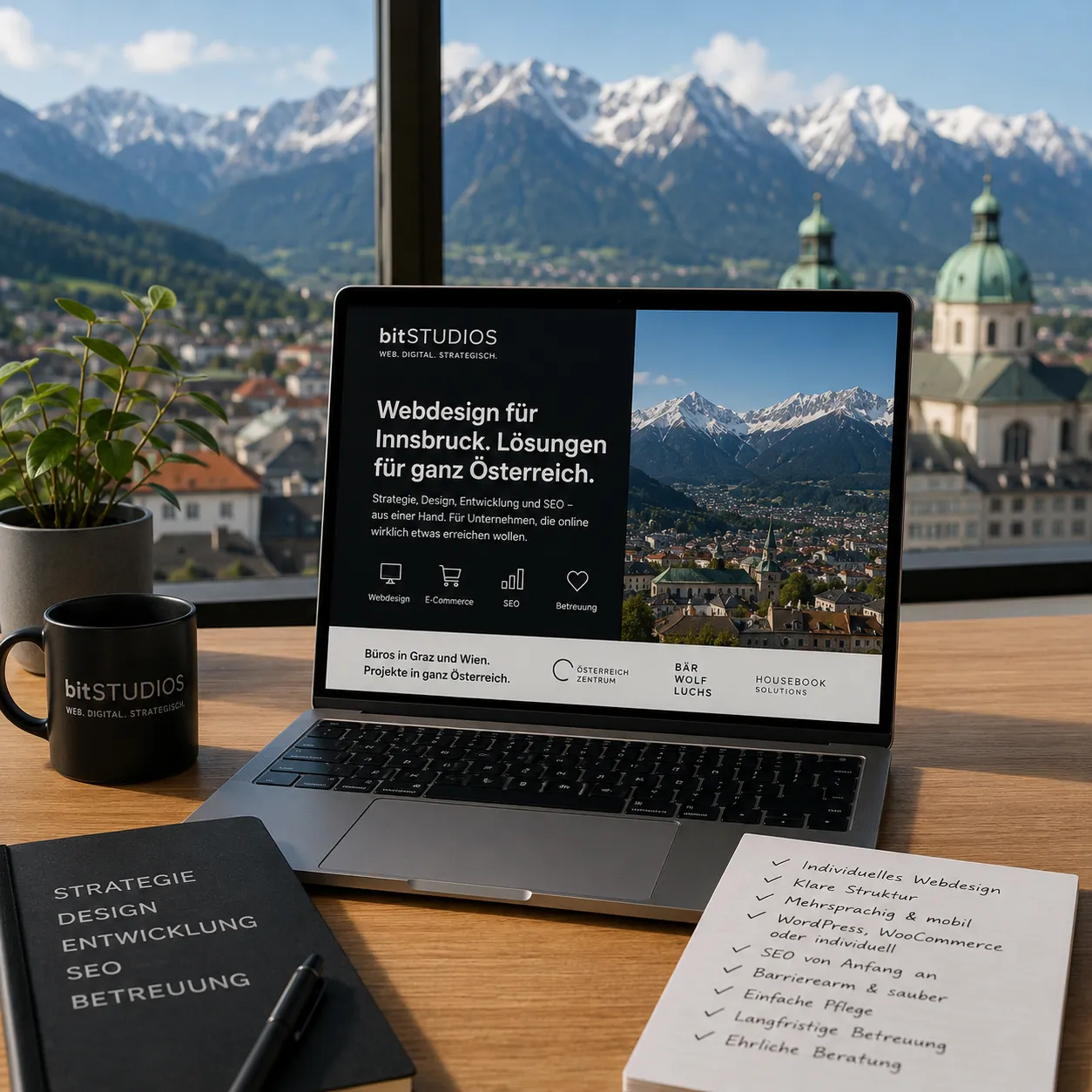 Laptop mit bitSTUDIOS Website-Konzept vor Innsbrucker Bergkulisse als Symbol für Webdesign, Strategie und Betreuung in Tirol