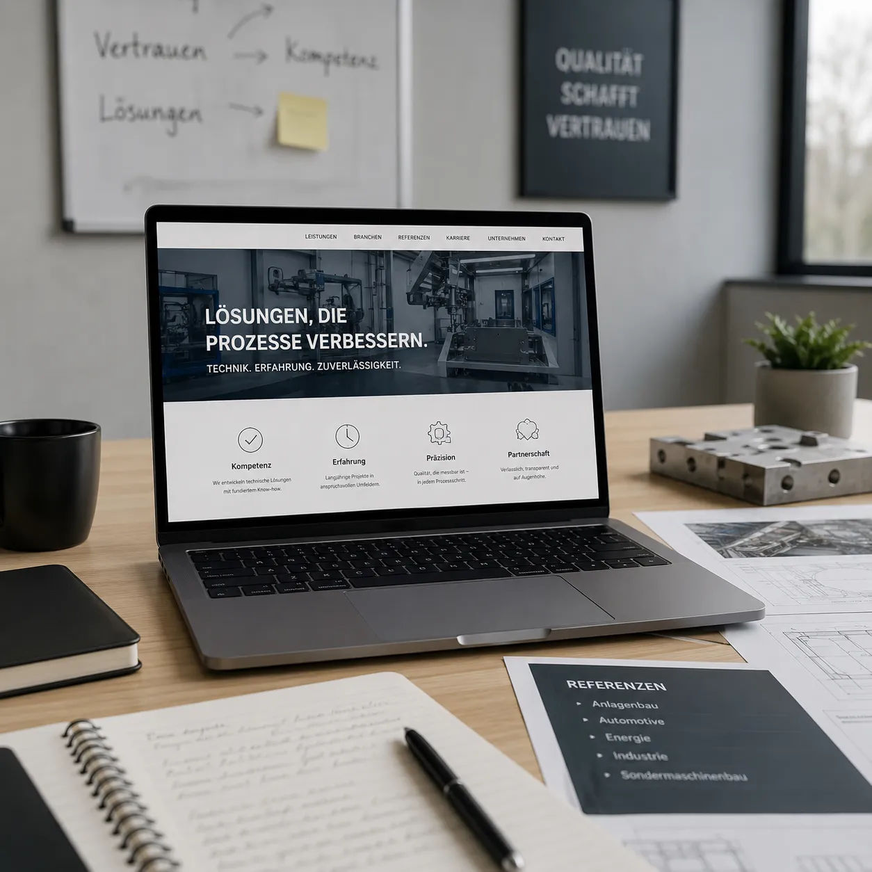 Laptop mit B2B-Website-Konzept, Referenzunterlagen und technischen Plänen als Symbol für Vertrauen und klare Unternehmenskommunikation