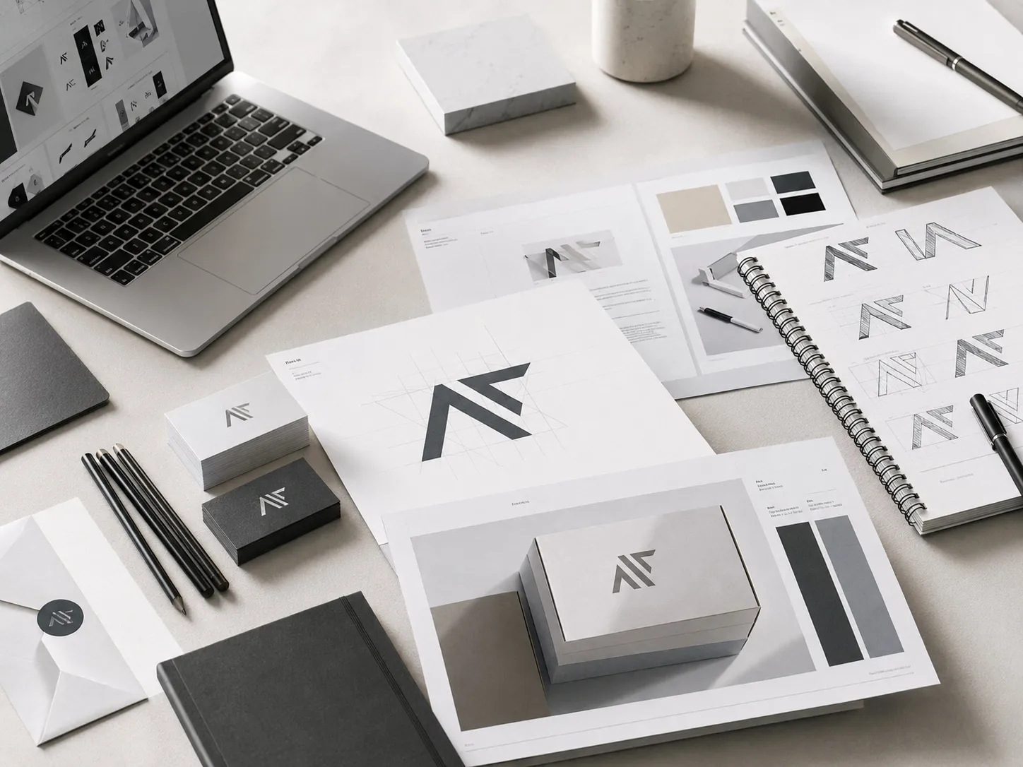 Minimalistisch inszenierter Design-Arbeitsplatz mit Layouts, Typografie-Beispielen, Farbmustern und sorgfältig angeordneten Gestaltungsunterlagen als Sinnbild für professionelle, durchdachte Grafikdesign-Arbeit.