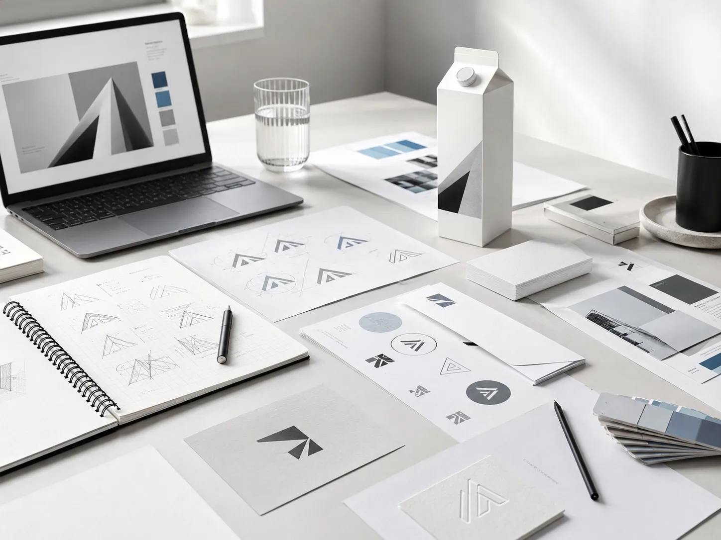 Minimalistischer Design-Arbeitsplatz mit Logo-Skizzen, Farbkarten, Laptop, Verpackung und Corporate-Design-Entwürfen