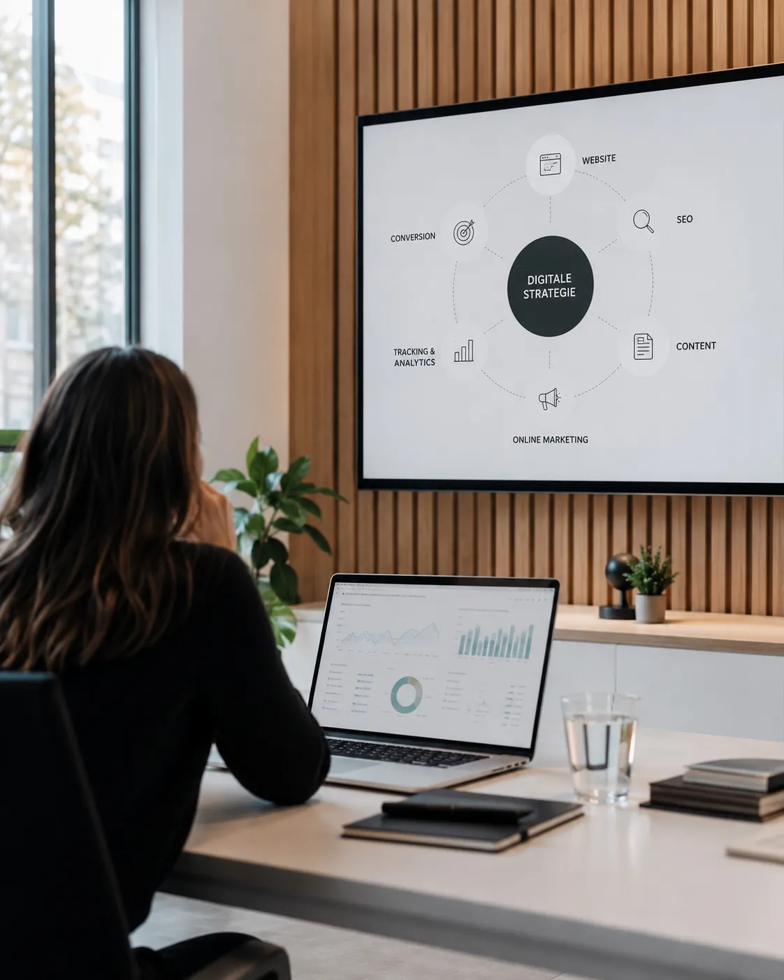 Person arbeitet in einem modernen Büro an digitaler Strategie, Analytics, SEO und Online-Marketing