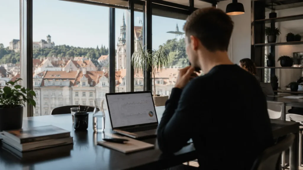 Web Agentur in Graz bei der Arbeit: Mitarbeiter blickt auf Notebook mit Homepage eines Kunden