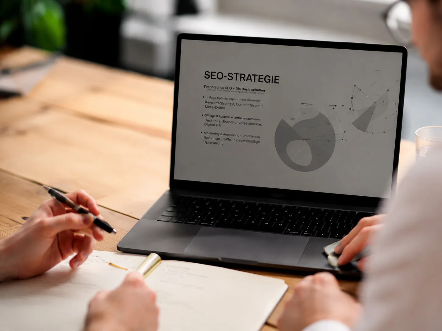 SEO Agentur schaut auf Laptop mit SEO-Strategie