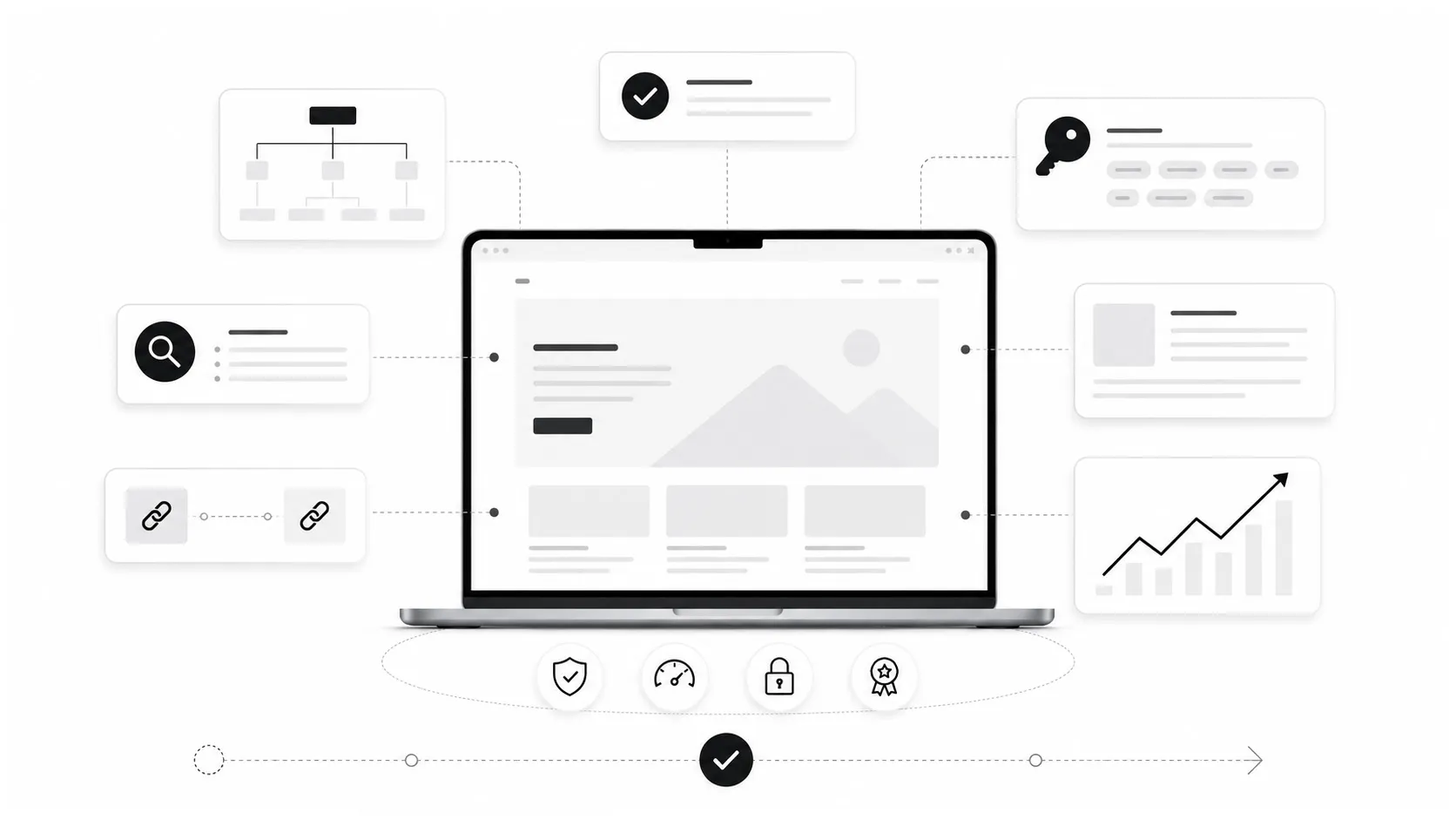 Symbolische Darstellung von Webdesign und SEO mit Website-Struktur, Keywords, interner Verlinkung, technischer Qualität und steigender Sichtbarkeit