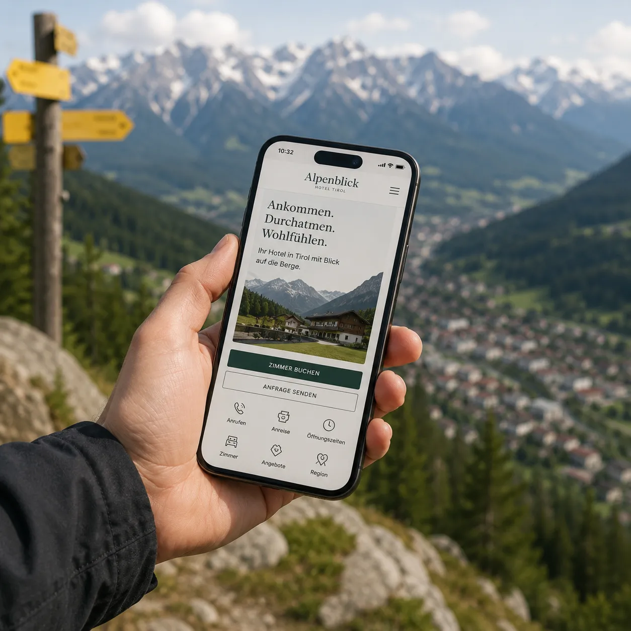 Smartphone mit mobiler Hotel-Website vor Tiroler Bergkulisse als Beispiel für schnelle Buchung und Anfrage unterwegs