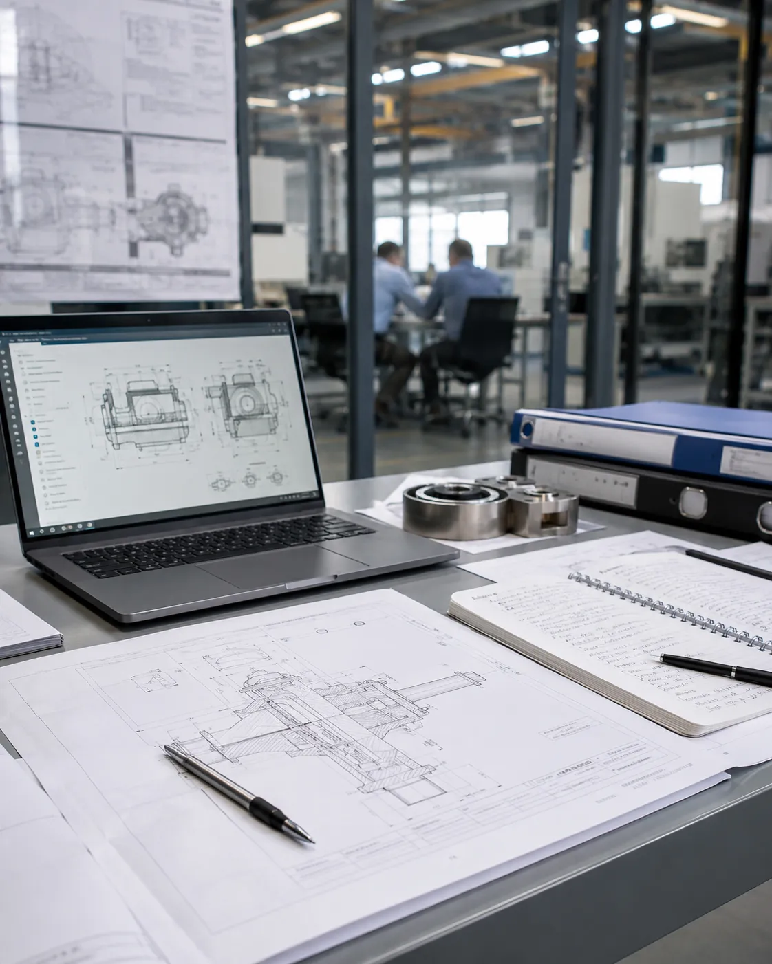 Technischer Arbeitsplatz mit Laptop, Konstruktionsplänen und Notizen zur Strukturierung komplexer Unternehmensinhalte