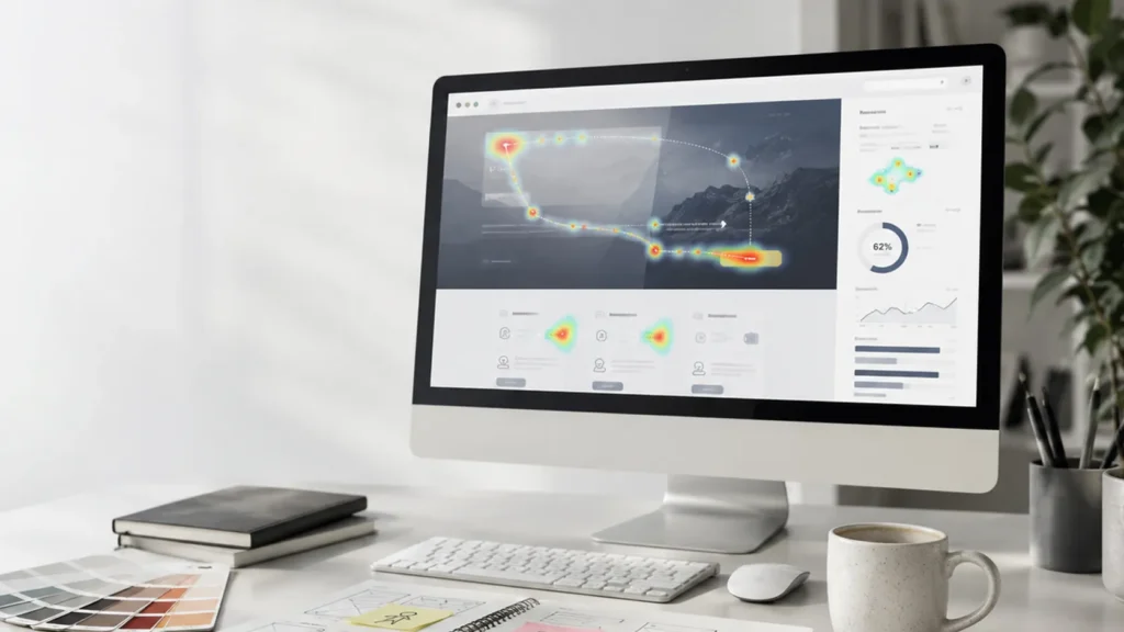 UX-Analyse am Desktop-Monitor mit Heatmap, Wireframes und Farbmustern auf hellem Schreibtisch