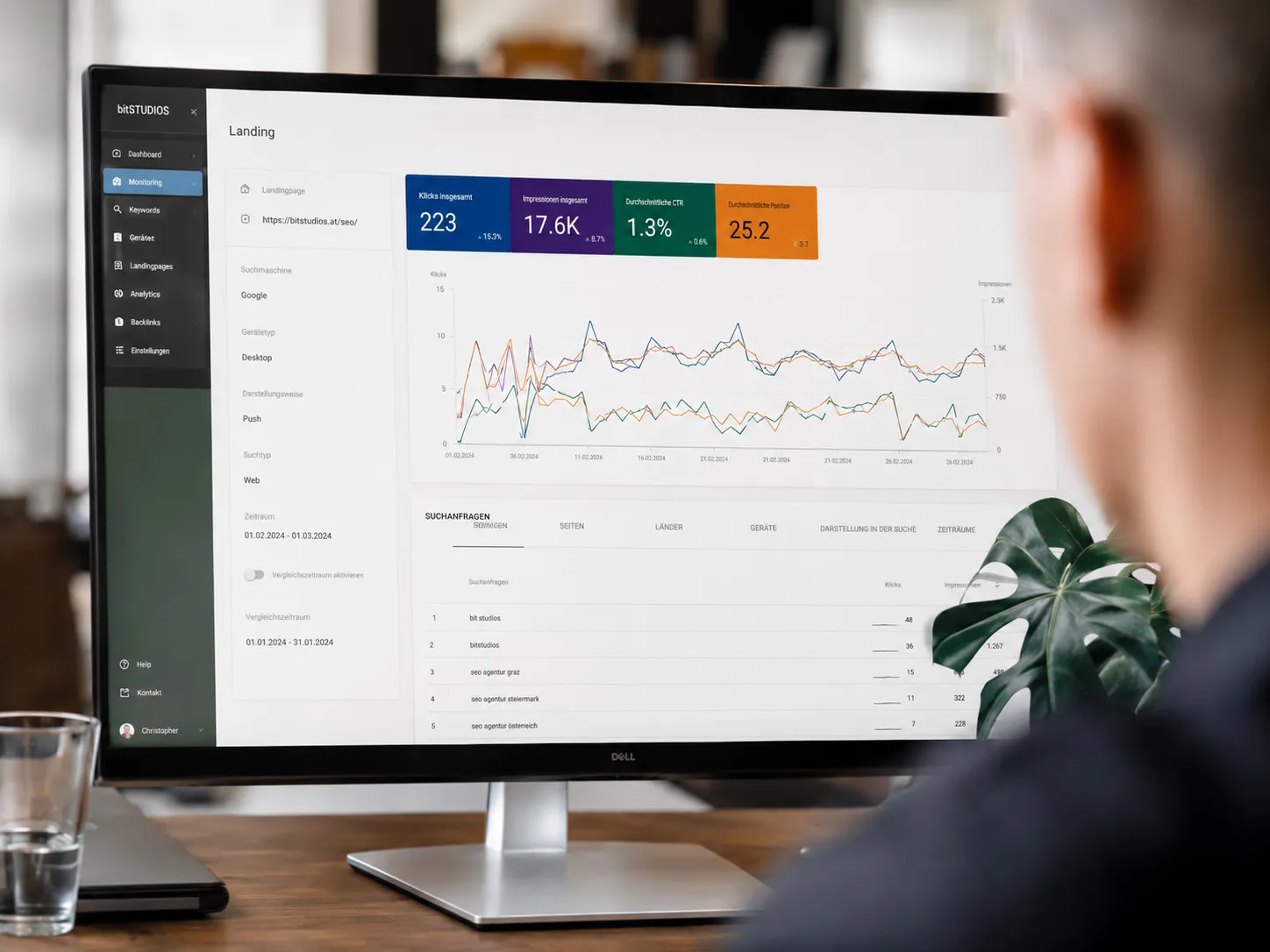 Unser SEO blickt auf einen Moinitor mit Leistungsbewertung der Google Search Console