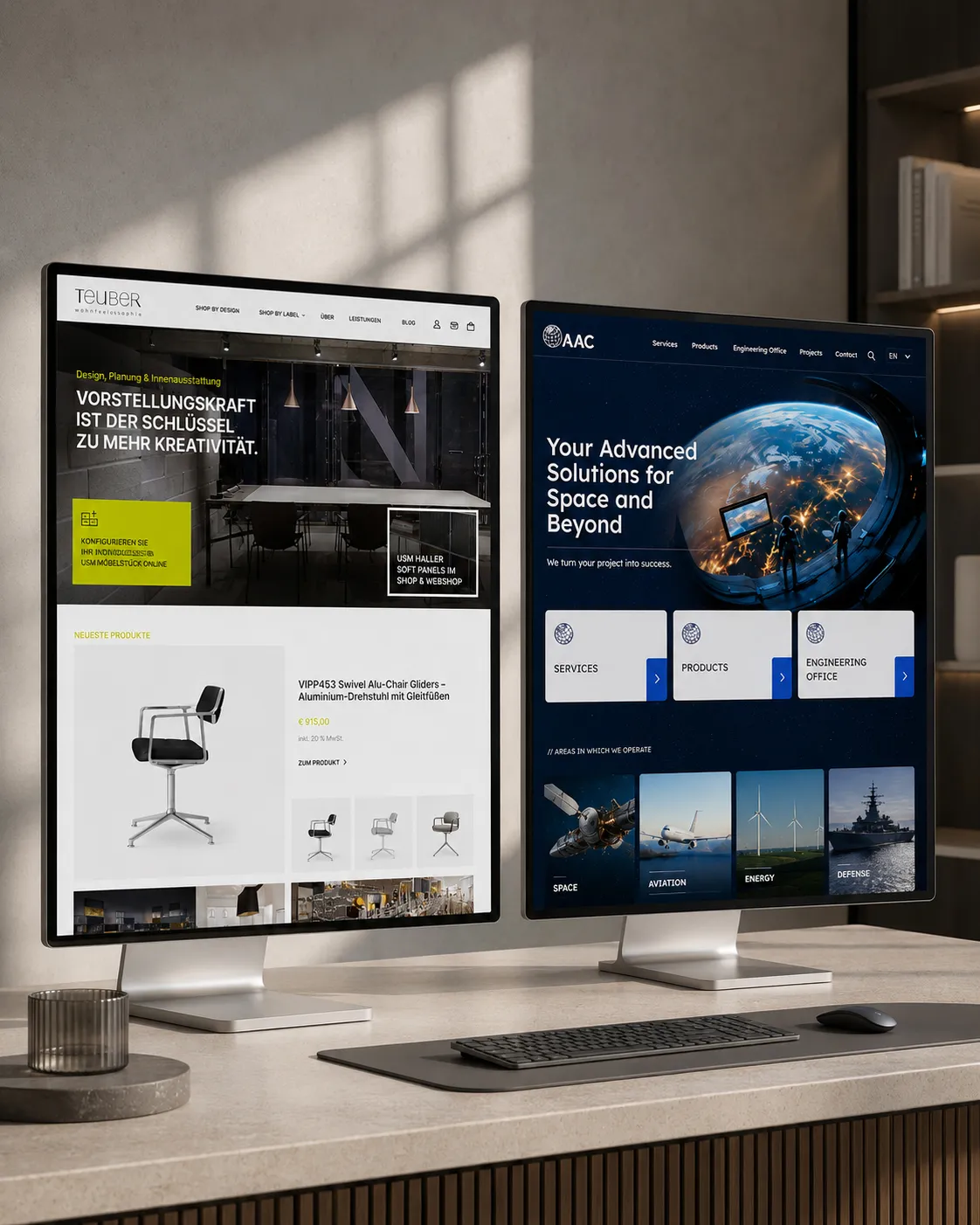 Webdesign-Projekte von bitSTUDIOS für Teuber wohnfeelosophie und AAC Research mit Website, Online-Shop und Corporate Design