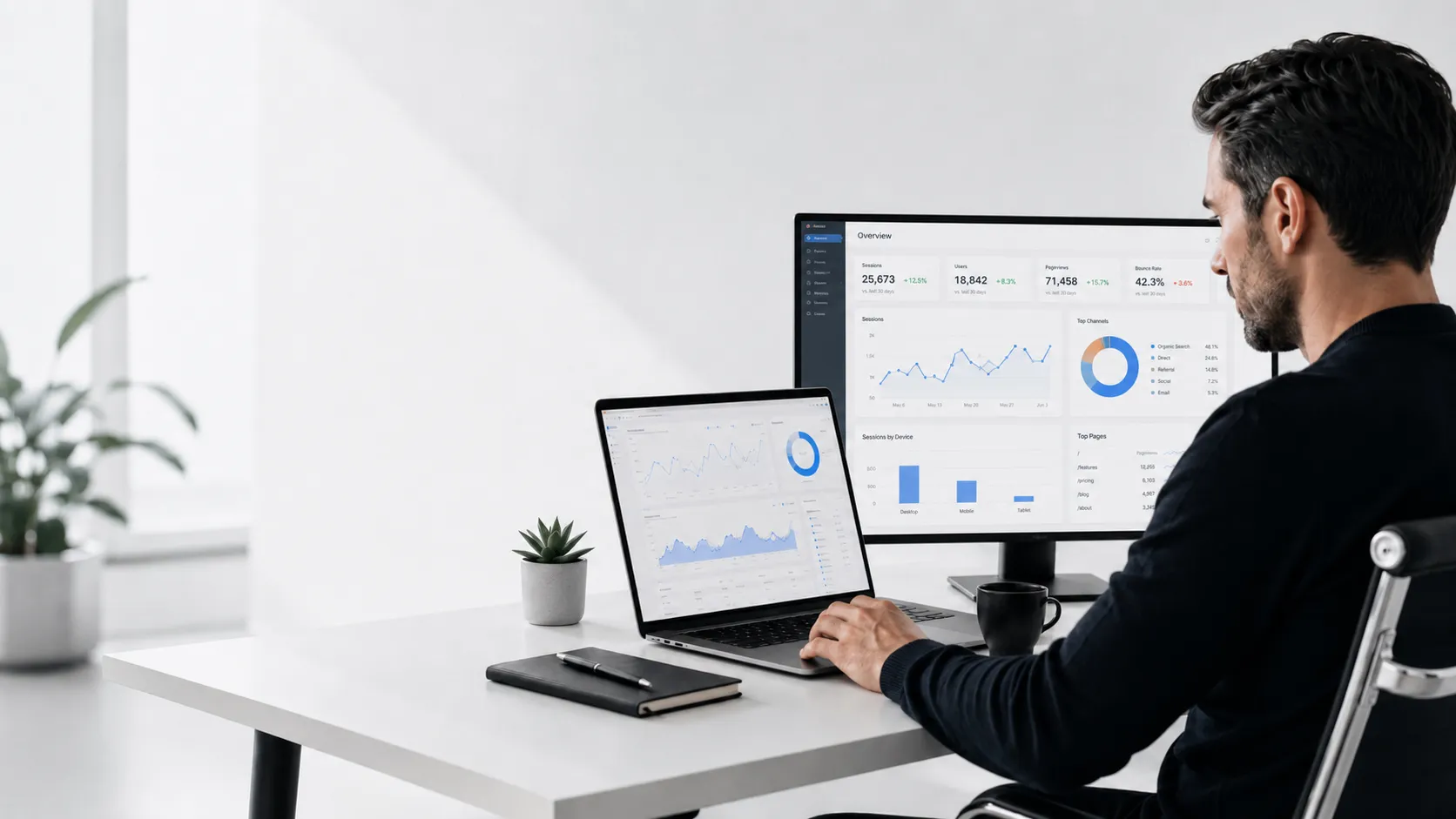 Webdesigner analysiert Website-Daten auf Laptop und Monitor in einem modernen Büro