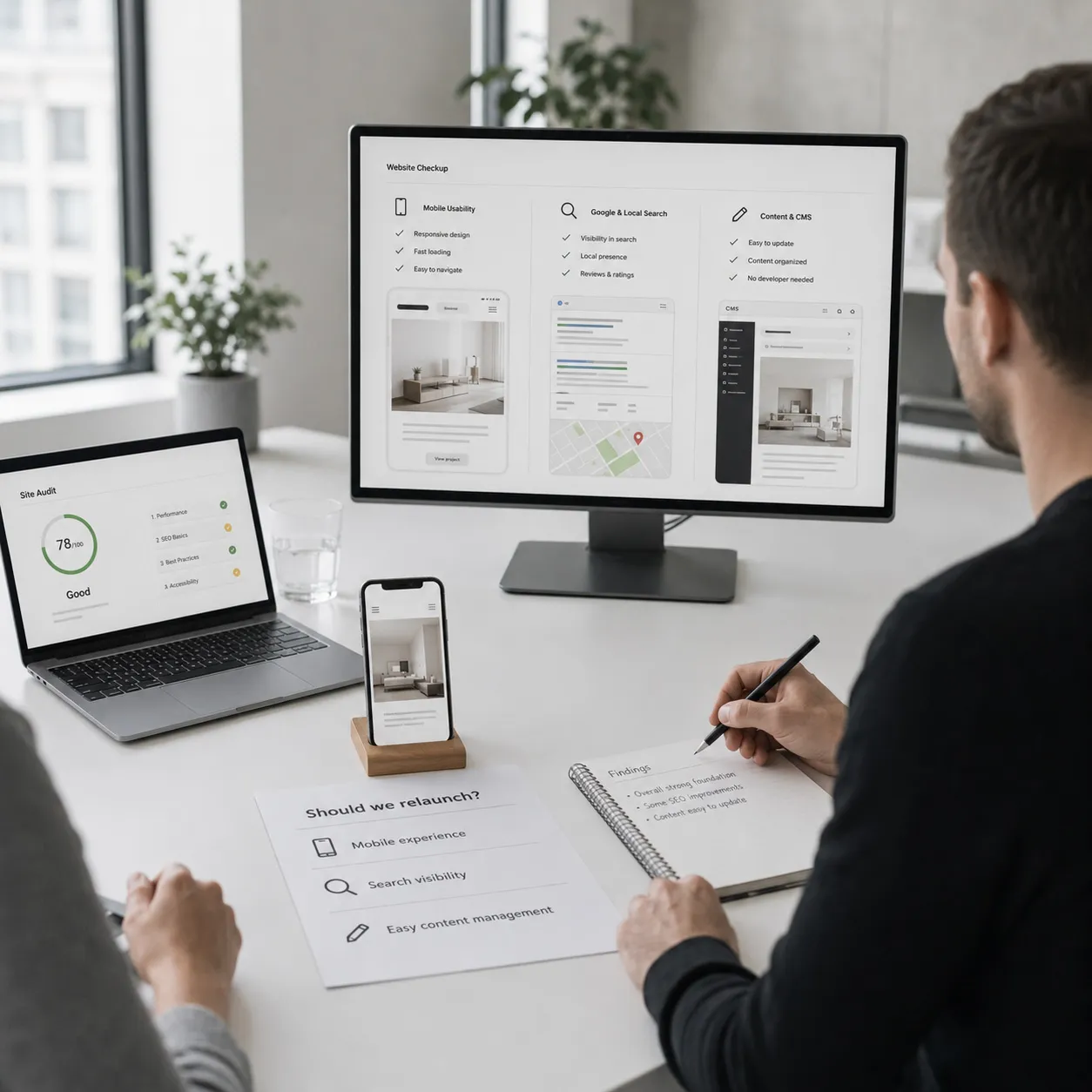 Website-Check in einem modernen Büro: Analyse von mobiler Nutzerfreundlichkeit, Google-Sichtbarkeit und CMS vor einem möglichen Relaunch.