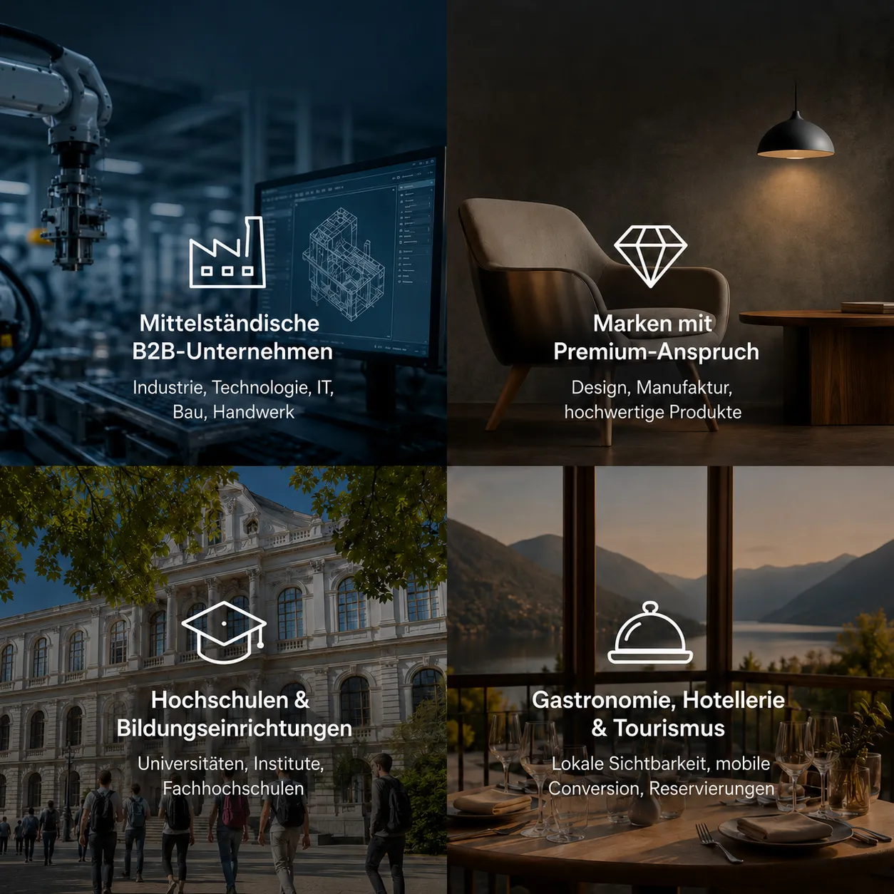 Vier Branchen, in denen bitSTUDIOS Mehrwert liefert: B2B-Unternehmen, Premium-Marken, Bildungseinrichtungen sowie Gastronomie und Tourismus