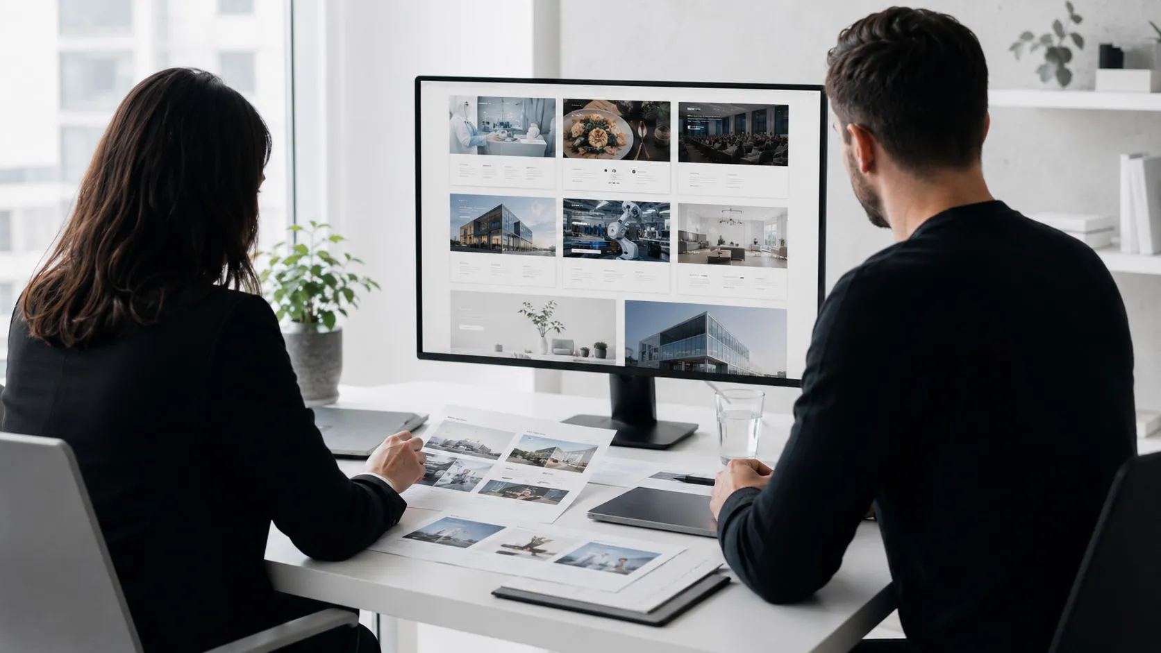 Zwei Webdesigner & SEO von bitSTUDIOS blicken auf Monitor mit Website Screens diverser Branchen