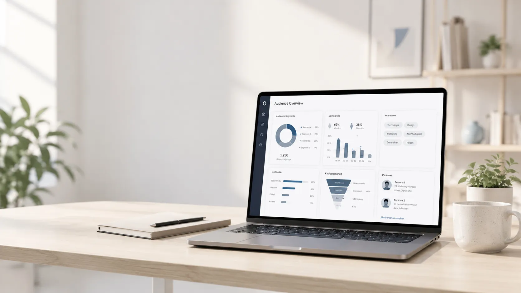 Laptop mit Zielgruppenanalyse-Dashboard auf hellem Schreibtisch in modernem Büro