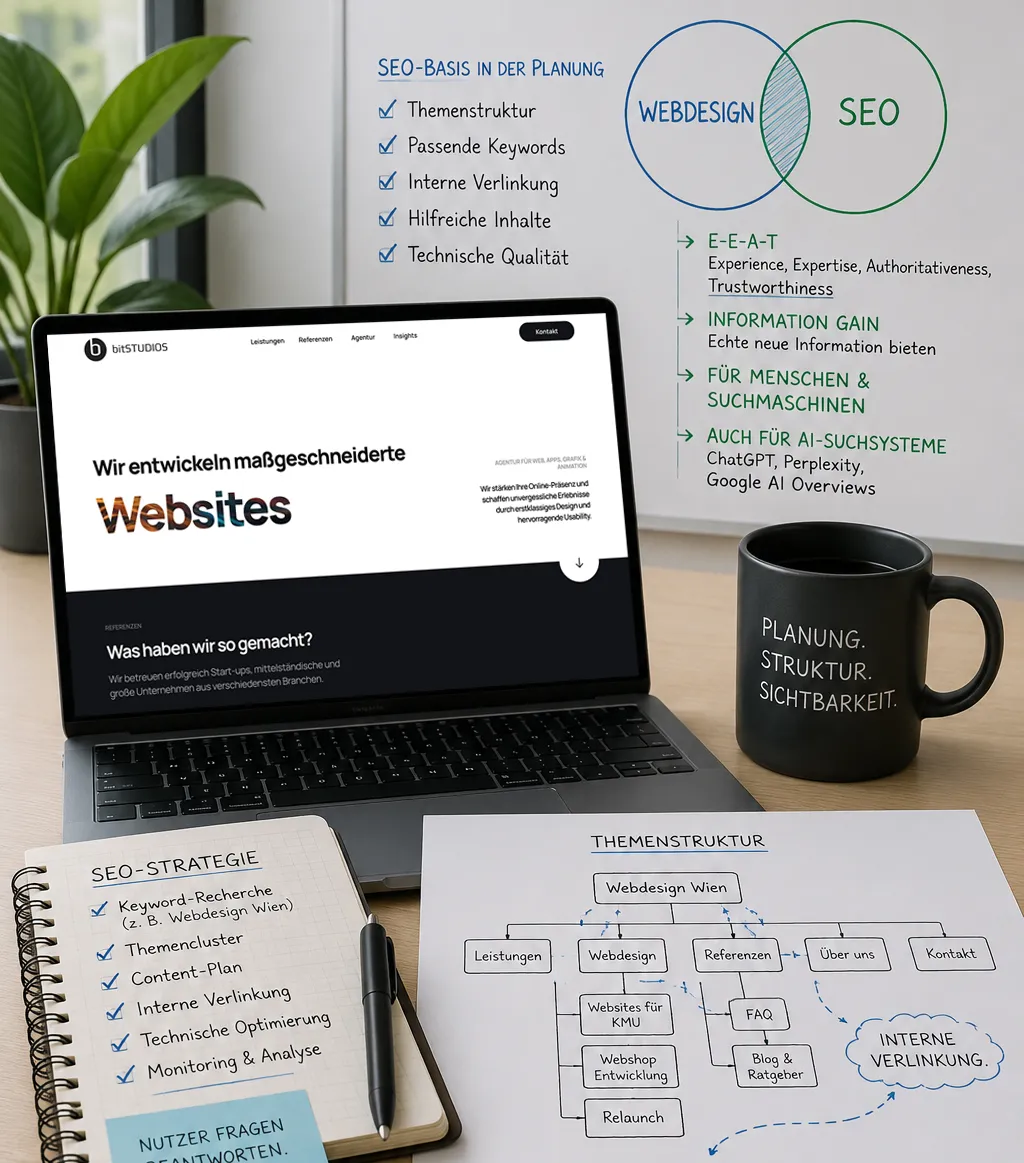 Webdesign Wien und SEO-Planung im Hochformat mit Laptop, Themenstruktur, Keyword-Clustern und interner Verlinkung