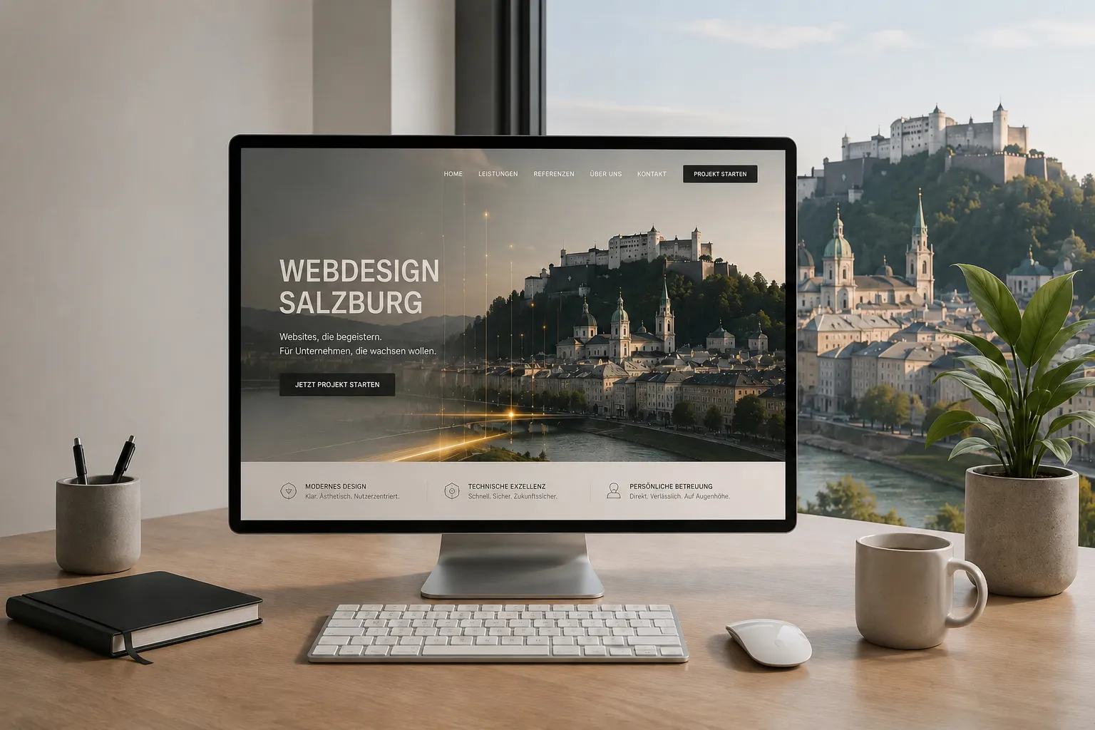Moderner Arbeitsplatz mit Monitor mit Webdesign Salzburg Schriftzug und Blick auf Salzburg