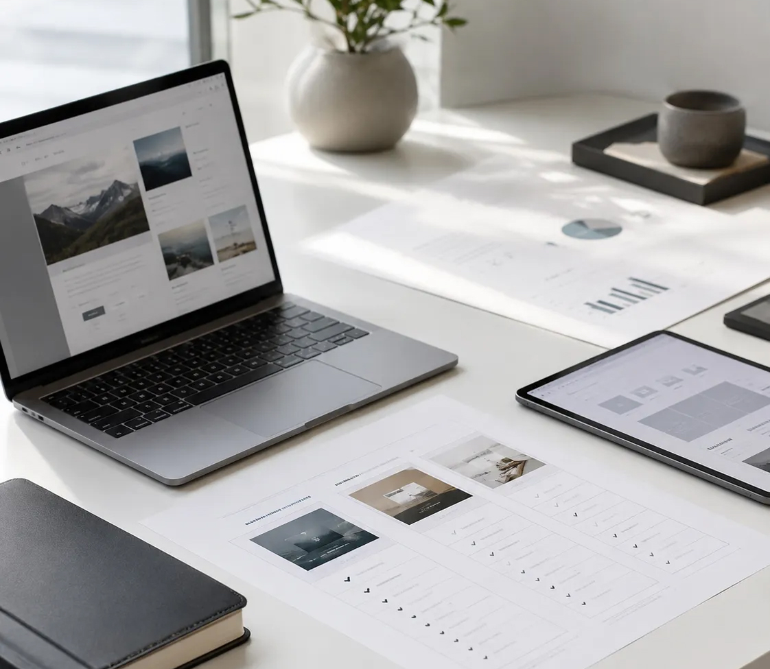 bitSTUDIOS Arbeitsplatz mit Laptop und Tablet mit Vergleich von Webdesign-Agenturen anhand von Website-Konzepten, Strategie, Technik und Projektanforderungen