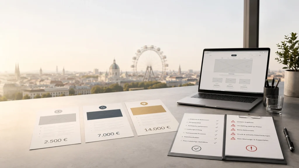 Vergleich von drei Webdesign-Angeboten mit unterschiedlichen Preisen, Kriterien-Checkliste und Warnsignalen vor der Wiener Skyline.