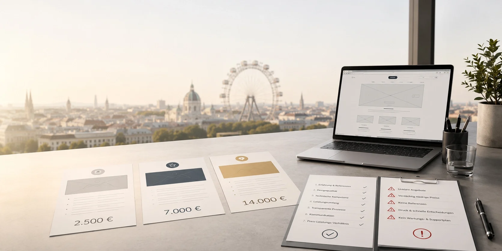 Vergleich von drei Webdesign-Angeboten mit unterschiedlichen Preisen, Kriterien-Checkliste und Warnsignalen vor der Wiener Skyline.